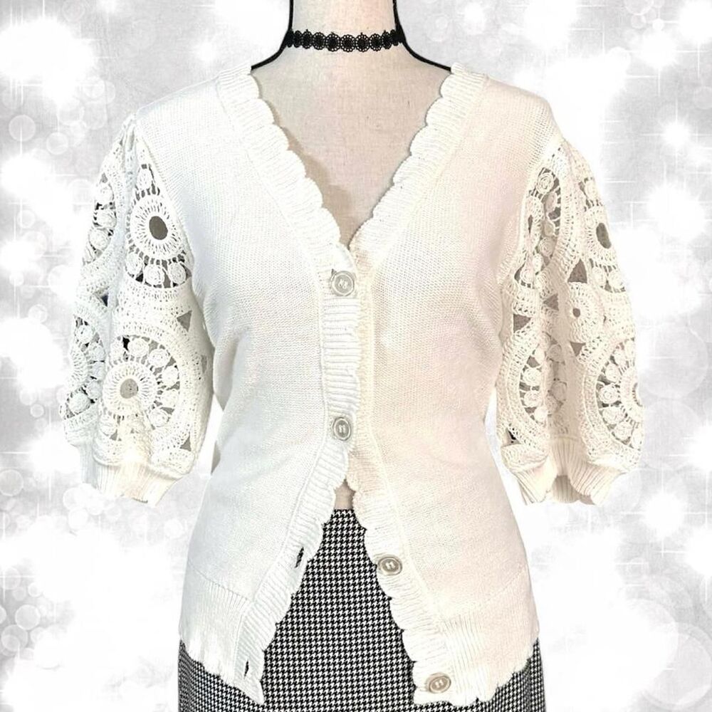 Crown & Ivy Preppy Cozy Knit Style Button Up With Lace Sleeves